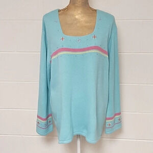 Pastel Embroidered Beaded Striped Bell Sleeve Sweater Tunic 3X 22W/24W